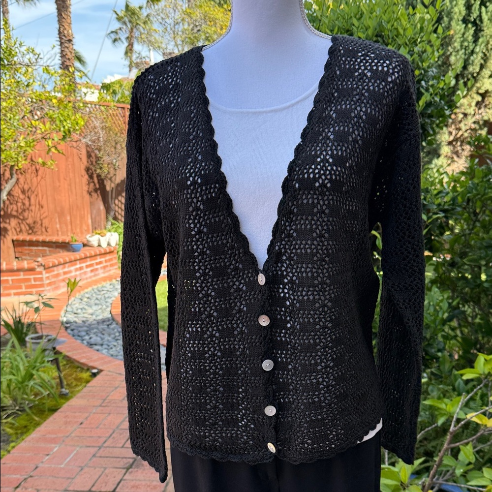 Chaus Black Button-Up Crochet Cardigan